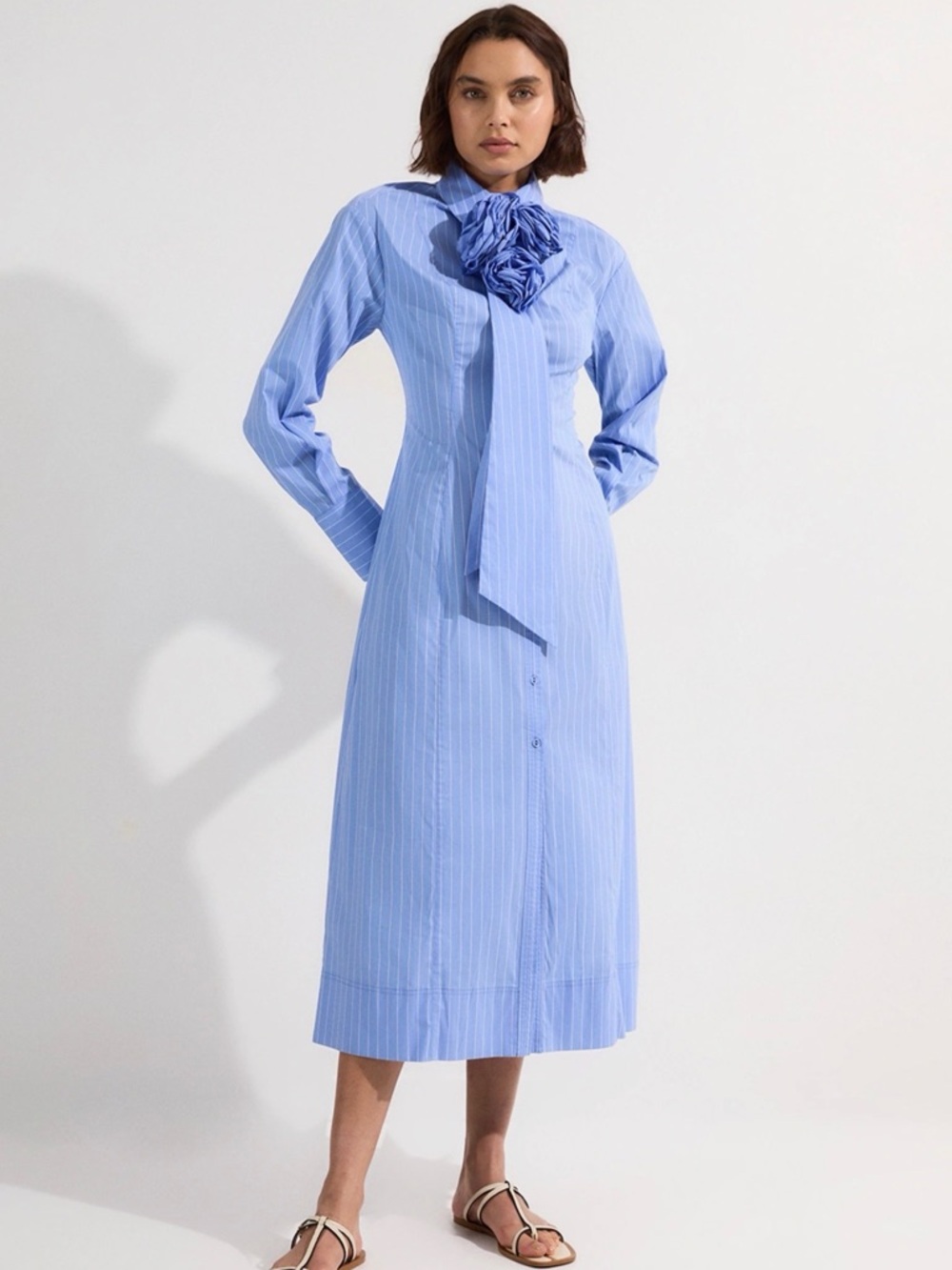 NWT Karen Millen Light Blue Pinstripe Midi Shirt Dress with Neck Tie